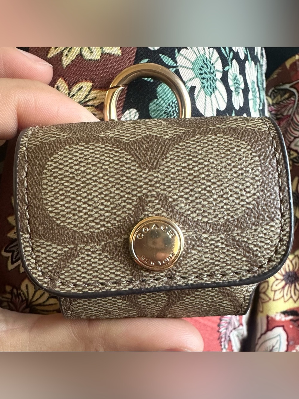 Coach Signature Brown and Tan Key & Card Holder with Gold Hardware